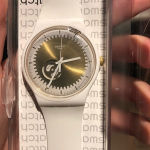 Swatch white rubber strap watch with gold face